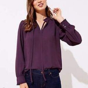 LOFT Plum Purple Sheer Long Sleeve Tie Front Blouse, Women's M